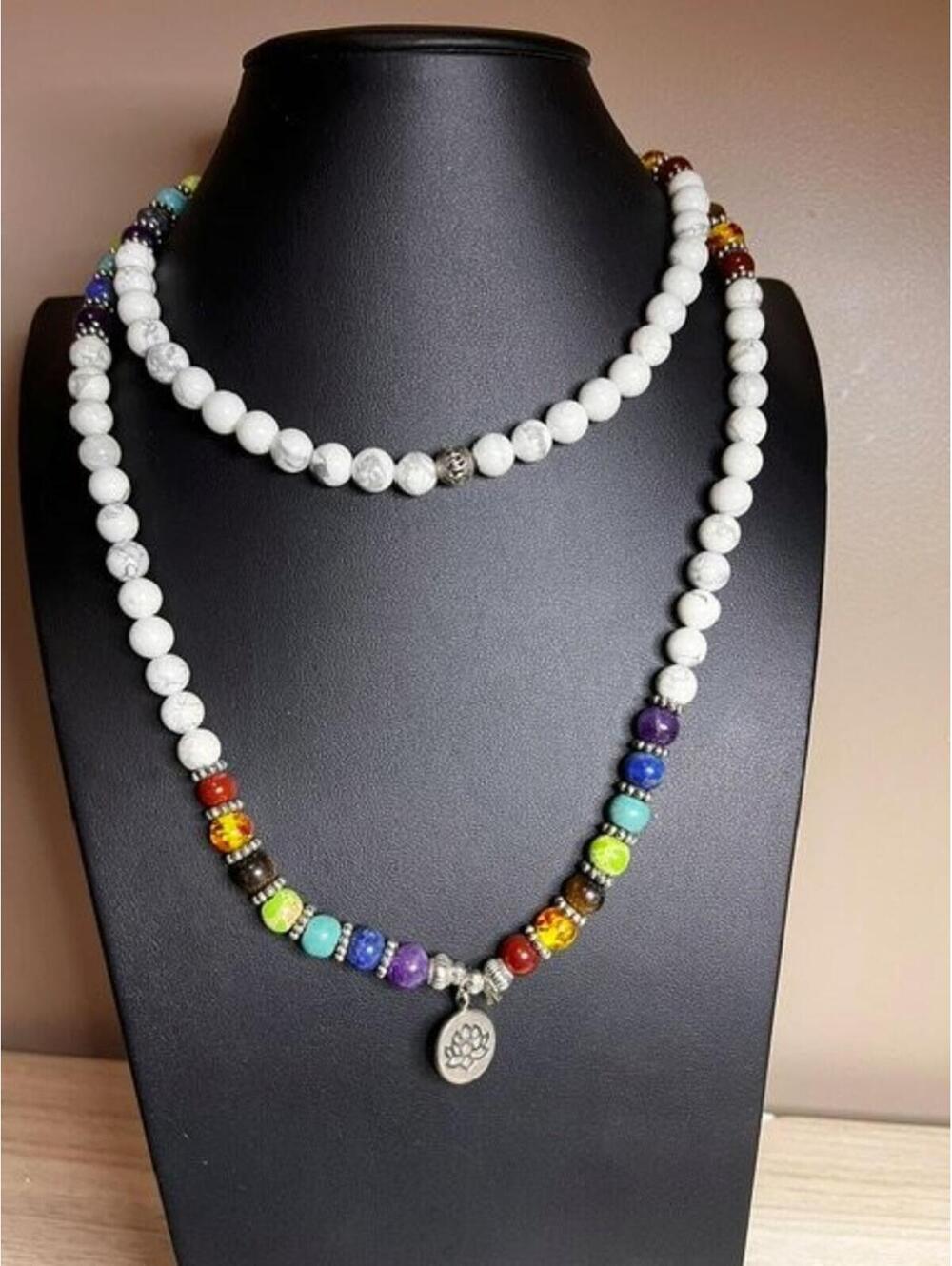 B4995 White Howlite Chakra Mala Necklace Long 36in Multi-Color Gemstone Lotus